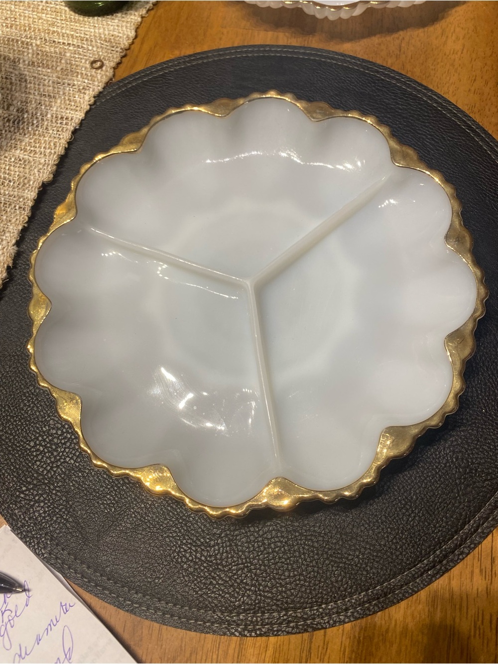 Vintage Anchor Hocking Fire King milk glass with 22 carat gold trim relish dish